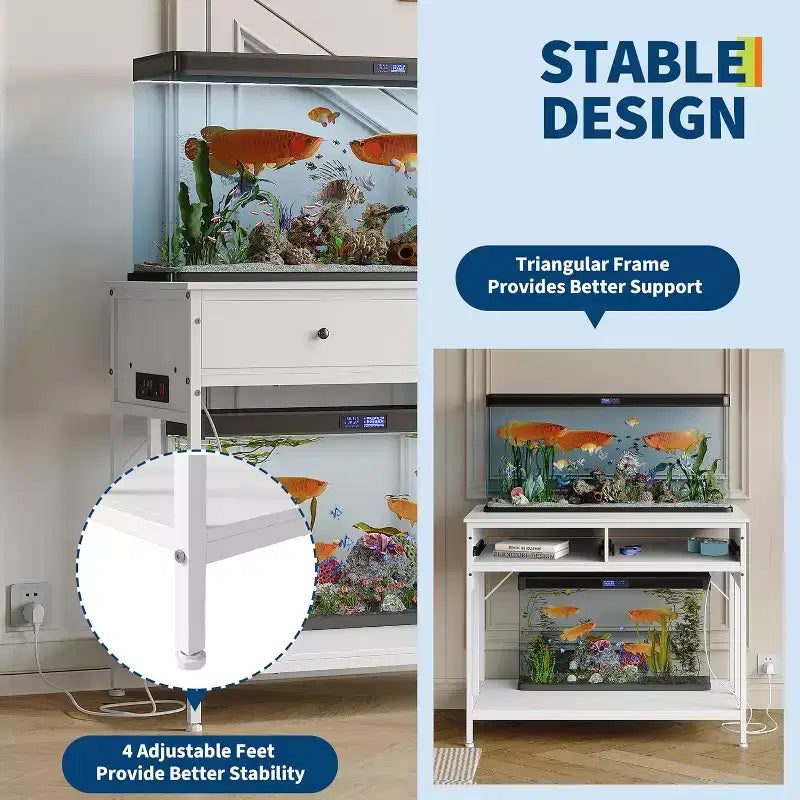 Meuble de support pour aquarium de 150 à 190 litres avec prises, 2 supports d'aquarium et de terrarium avec tiroirs de rangement, pieds réglables en hauteur, capacité de 300 kg, blanc