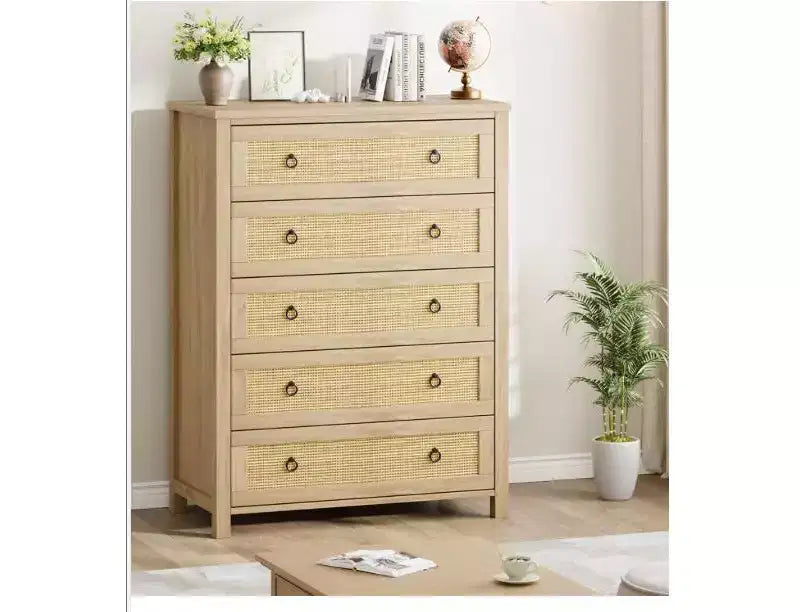 Drawer Dresser with Rattan Panels & Round Handles (PB Board)