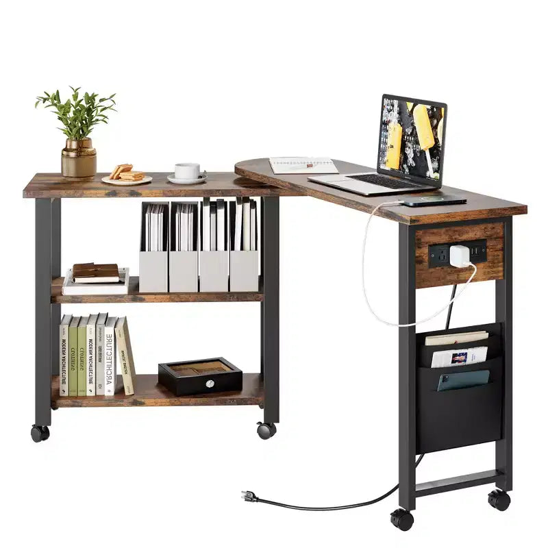 Table d'appoint pivotante à 360° COZONY avec station de charge, table d'appoint mobile avec roulettes et rangement