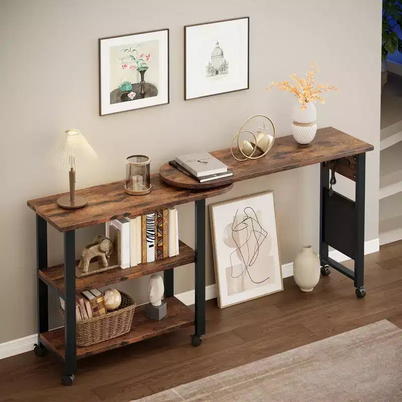 Table d'appoint pivotante à 360° COZONY avec station de charge, table d'appoint mobile avec roulettes et rangement