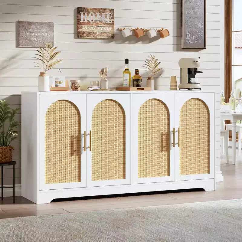 Meuble Buffet Vaisselier – Grand Bahut de Rangement avec 4 Portes en Rotin, Meuble Console Moderne pour Salon, Cuisine, Couloir