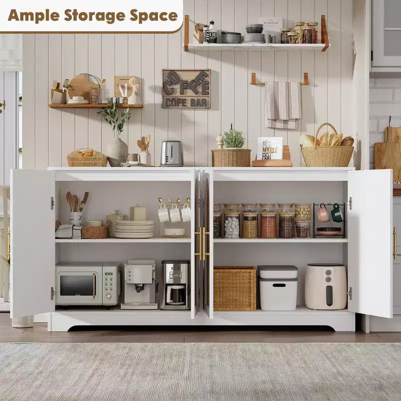 Meuble Buffet Vaisselier – Grand Bahut de Rangement avec 4 Portes en Rotin, Meuble Console Moderne pour Salon, Cuisine, Couloir