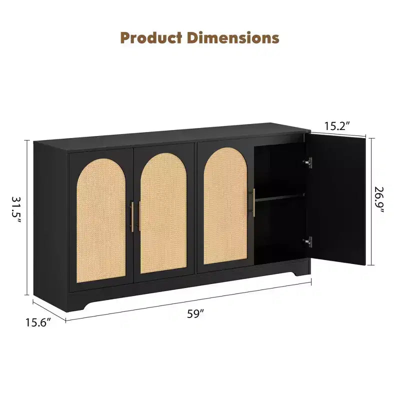 Meuble Buffet Vaisselier – Grand Bahut de Rangement avec 4 Portes en Rotin, Meuble Console Moderne pour Salon, Cuisine, Couloir