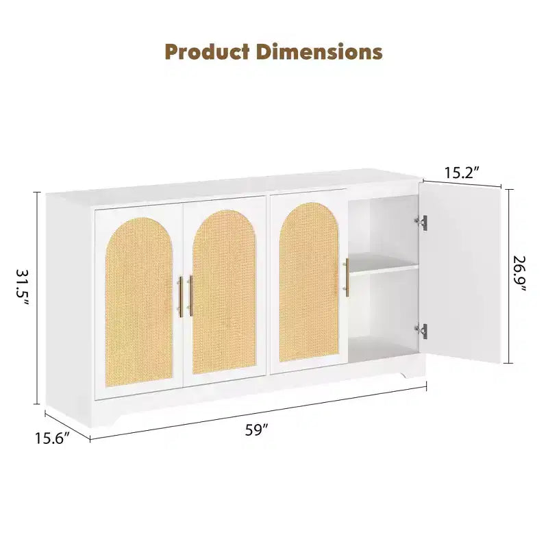 Meuble Buffet Vaisselier – Grand Bahut de Rangement avec 4 Portes en Rotin, Meuble Console Moderne pour Salon, Cuisine, Couloir