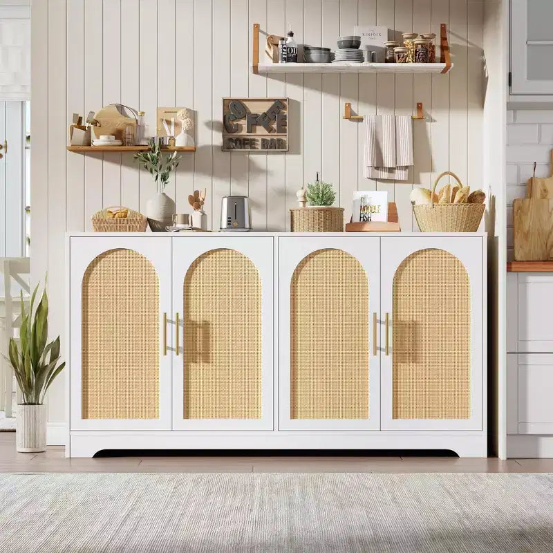 Meuble Buffet Vaisselier – Grand Bahut de Rangement avec 4 Portes en Rotin, Meuble Console Moderne pour Salon, Cuisine, Couloir