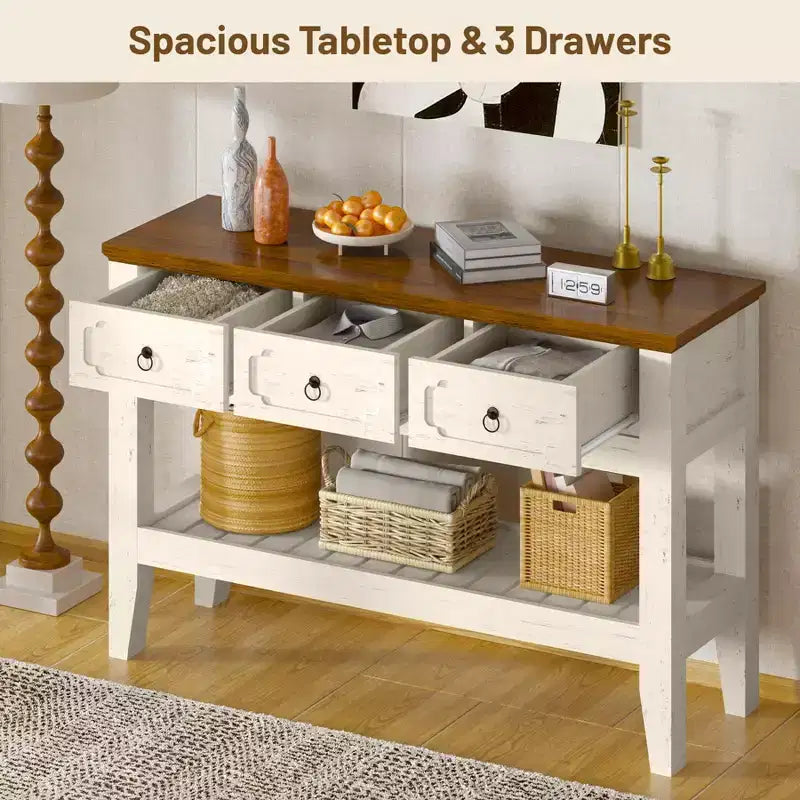 Acekool 47 Console avec tiroirs, Table d'entrée rustique de ferme avec étagère inférieure et pieds en bois massif pour l'entrée, le salon