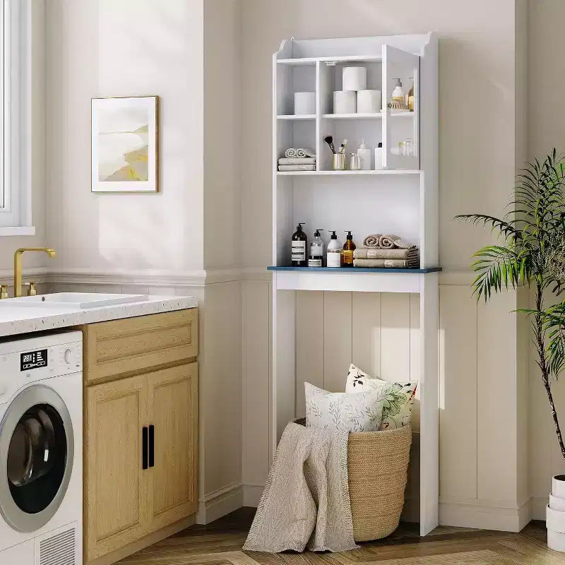 Over The Toilet Storage Cabinet with Adjustable Shelves & Tempered Glass Doors,Space Saving Freestanding Bathroom Organizer