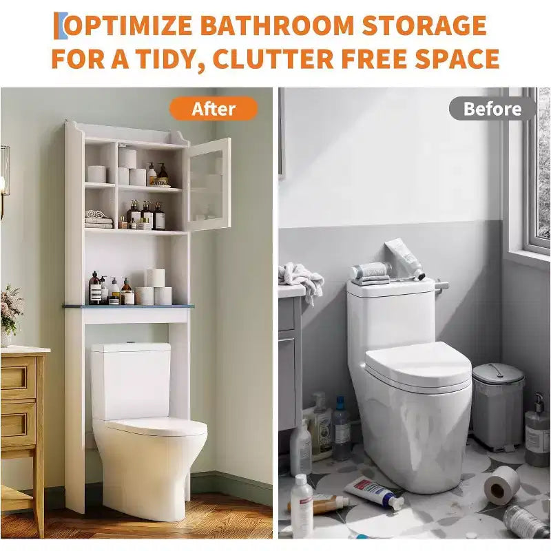 Meuble de rangement WC sur pied avec étagères réglables et portes en verre trempé, organisateur de salle de bain peu encombrant