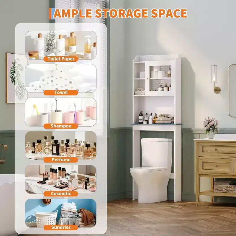 Meuble de rangement WC sur pied avec étagères réglables et portes en verre trempé, organisateur de salle de bain peu encombrant