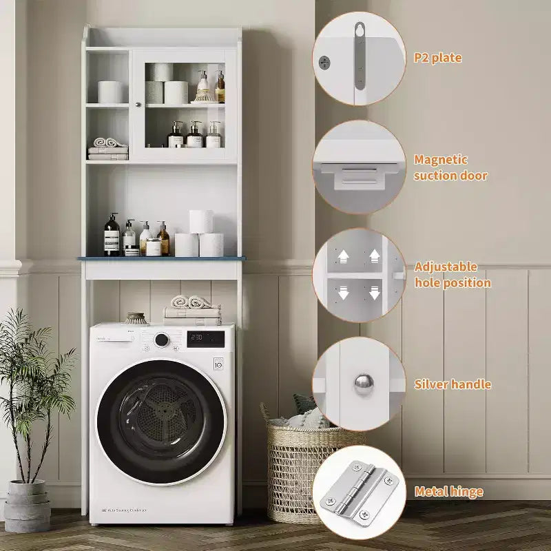 Meuble de rangement WC sur pied avec étagères réglables et portes en verre trempé, organisateur de salle de bain peu encombrant