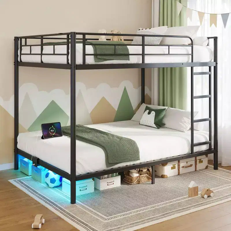 Greenstell Bunk Bed - Dimmable LED Strip Lights, USB Charging Ports, Trundle & Convertible to 2 Beds