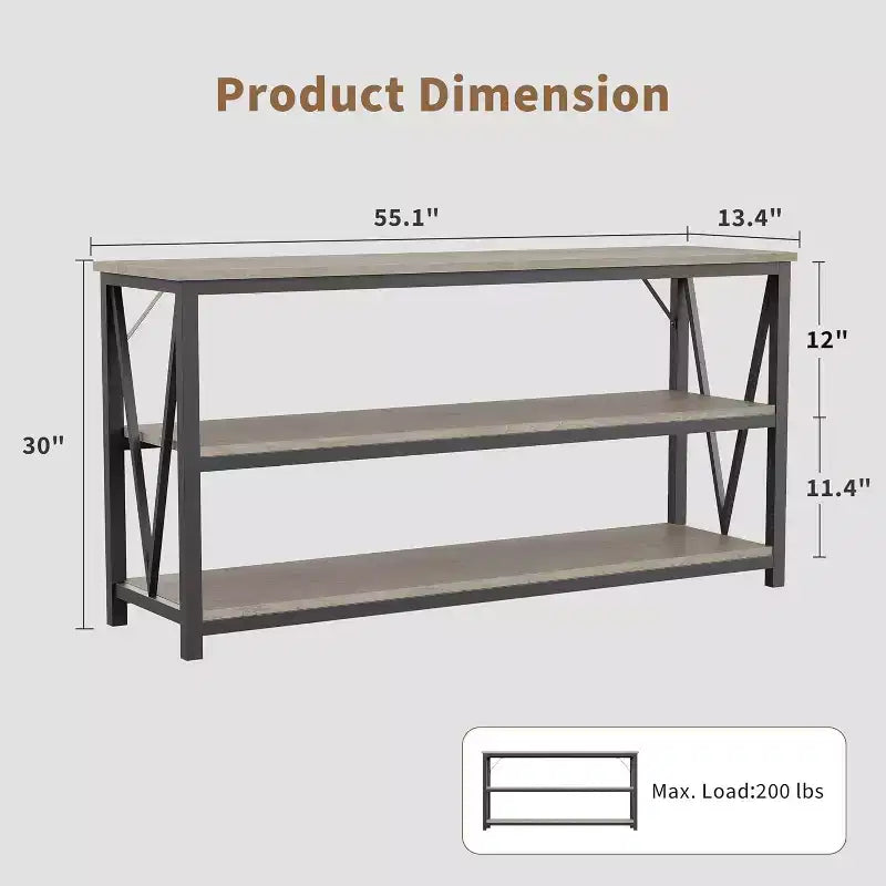 Console industrielle de 140 cm, Table de canapé à 3 niveaux avec étagères de rangement et design latéral en V, Longue table d'entrée pour couloir, salon, chambre à coucher
