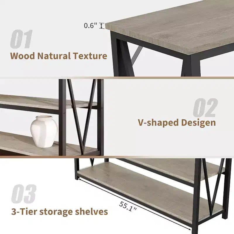 Console industrielle de 140 cm, Table de canapé à 3 niveaux avec étagères de rangement et design latéral en V, Longue table d'entrée pour couloir, salon, chambre à coucher