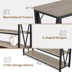 Console industrielle de 140 cm, Table de canapé à 3 niveaux avec étagères de rangement et design latéral en V, Longue table d'entrée pour couloir, salon, chambre à coucher