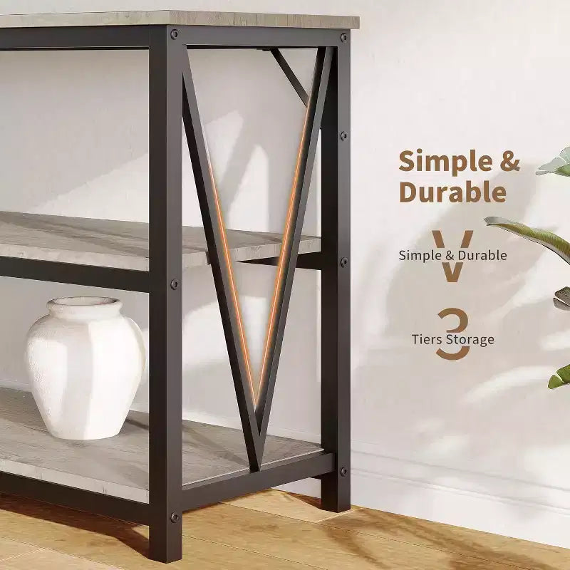 Console industrielle de 140 cm, Table de canapé à 3 niveaux avec étagères de rangement et design latéral en V, Longue table d'entrée pour couloir, salon, chambre à coucher