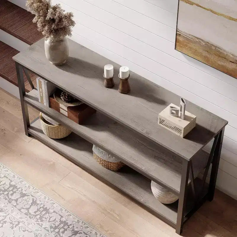 Console industrielle de 140 cm, Table de canapé à 3 niveaux avec étagères de rangement et design latéral en V, Longue table d'entrée pour couloir, salon, chambre à coucher