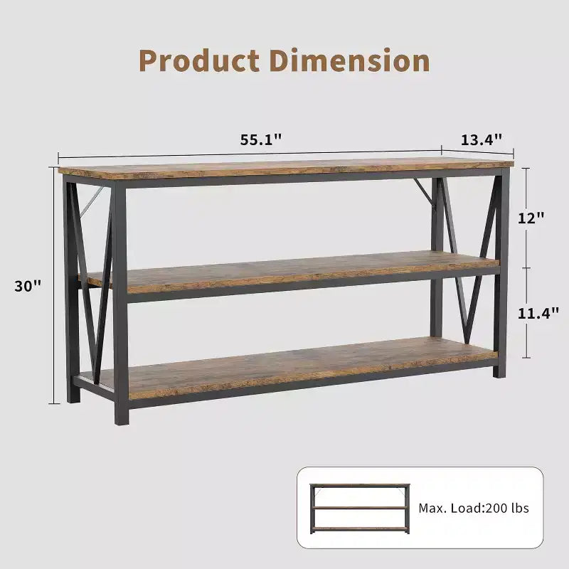 Console industrielle de 140 cm, Table de canapé à 3 niveaux avec étagères de rangement et design latéral en V, Longue table d'entrée pour couloir, salon, chambre à coucher