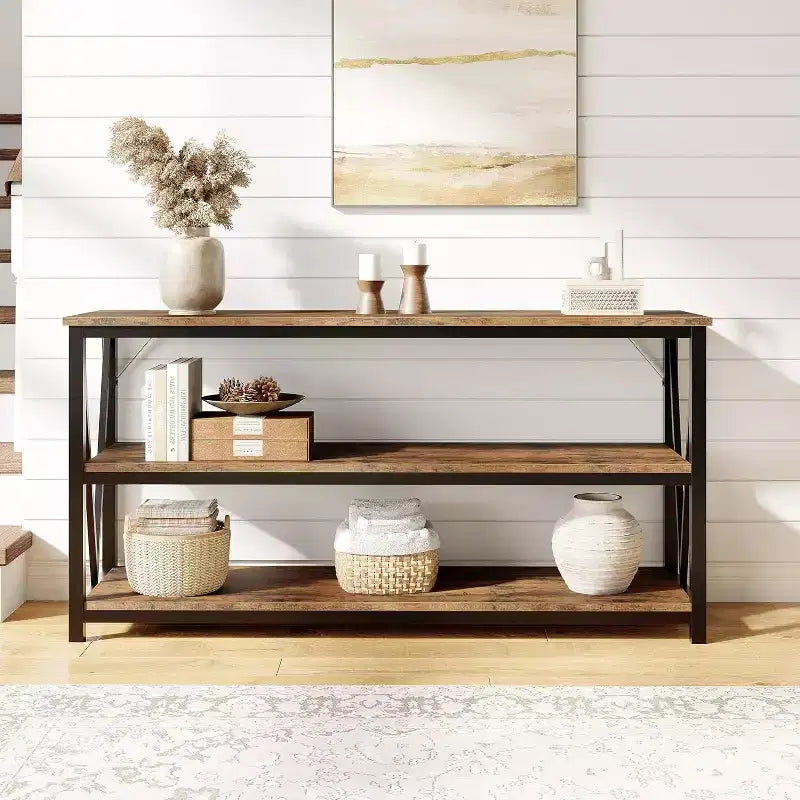 Console industrielle de 140 cm, Table de canapé à 3 niveaux avec étagères de rangement et design latéral en V, Longue table d'entrée pour couloir, salon, chambre à coucher