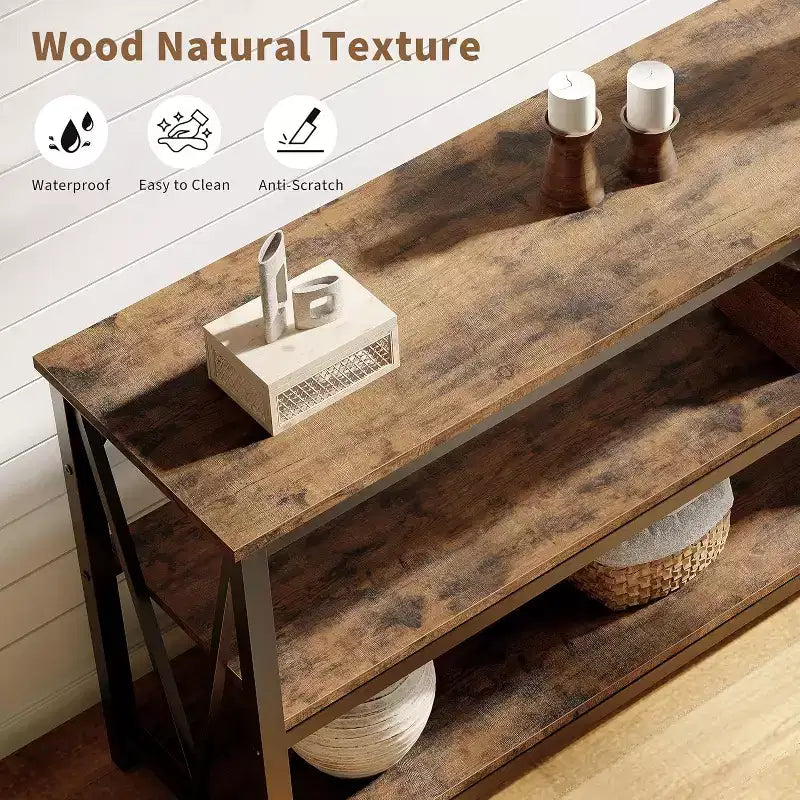 Console industrielle de 140 cm, Table de canapé à 3 niveaux avec étagères de rangement et design latéral en V, Longue table d'entrée pour couloir, salon, chambre à coucher