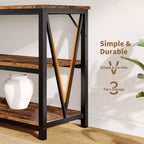 Console industrielle de 140 cm, Table de canapé à 3 niveaux avec étagères de rangement et design latéral en V, Longue table d'entrée pour couloir, salon, chambre à coucher
