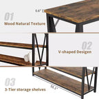 Console industrielle de 140 cm, Table de canapé à 3 niveaux avec étagères de rangement et design latéral en V, Longue table d'entrée pour couloir, salon, chambre à coucher