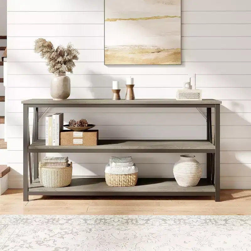 Console industrielle de 140 cm, Table de canapé à 3 niveaux avec étagères de rangement et design latéral en V, Longue table d'entrée pour couloir, salon, chambre à coucher