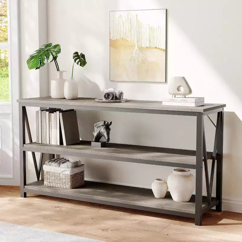 Console industrielle de 140 cm, Table de canapé à 3 niveaux avec étagères de rangement et design latéral en V, Longue table d'entrée pour couloir, salon, chambre à coucher