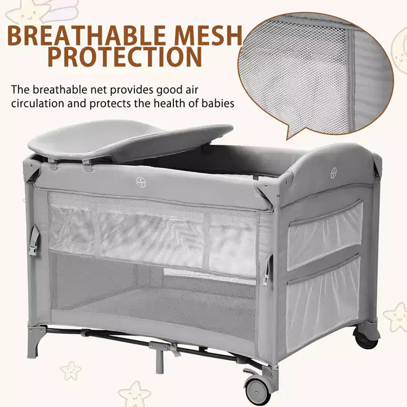 Acekool Berceau cododo 5 en 1 avec matelas à langer et jouet, parc portable pour nouveau-né et tout-petit, gris