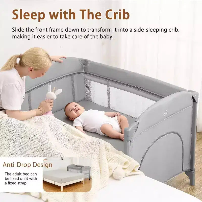 Acekool Berceau cododo 5 en 1 avec matelas à langer et jouet, parc portable pour nouveau-né et tout-petit, gris