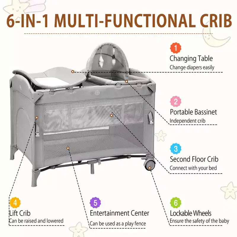 Acekool Berceau cododo 5 en 1 avec matelas à langer et jouet, parc portable pour nouveau-né et tout-petit, gris