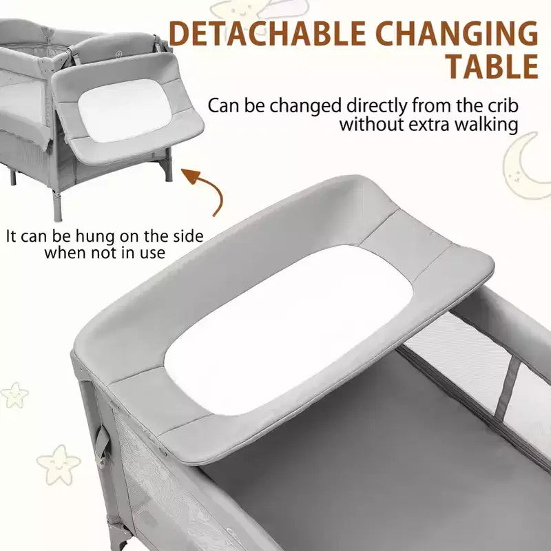 Acekool Berceau cododo 5 en 1 avec matelas à langer et jouet, parc portable pour nouveau-né et tout-petit, gris