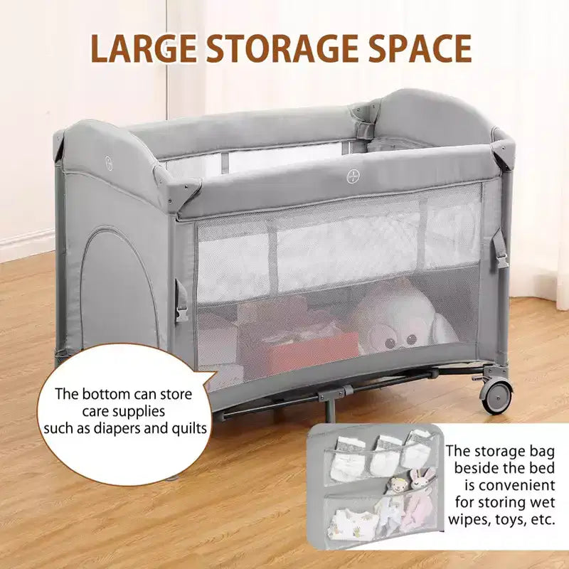 Acekool Berceau cododo 5 en 1 avec matelas à langer et jouet, parc portable pour nouveau-né et tout-petit, gris