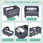 Acekool Berceau cododo 5 en 1 avec matelas à langer et jouet, parc portable pour nouveau-né et tout-petit, gris