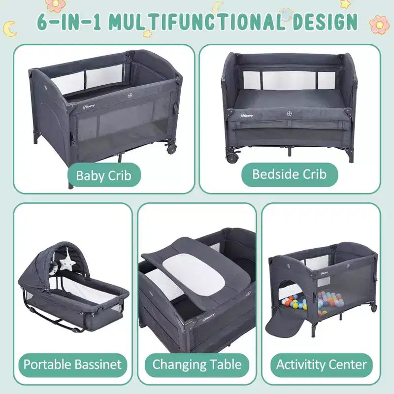 Acekool Berceau cododo 5 en 1 avec matelas à langer et jouet, parc portable pour nouveau-né et tout-petit, gris