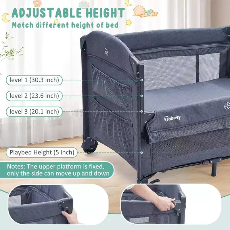 Acekool Berceau cododo 5 en 1 avec matelas à langer et jouet, parc portable pour nouveau-né et tout-petit, gris