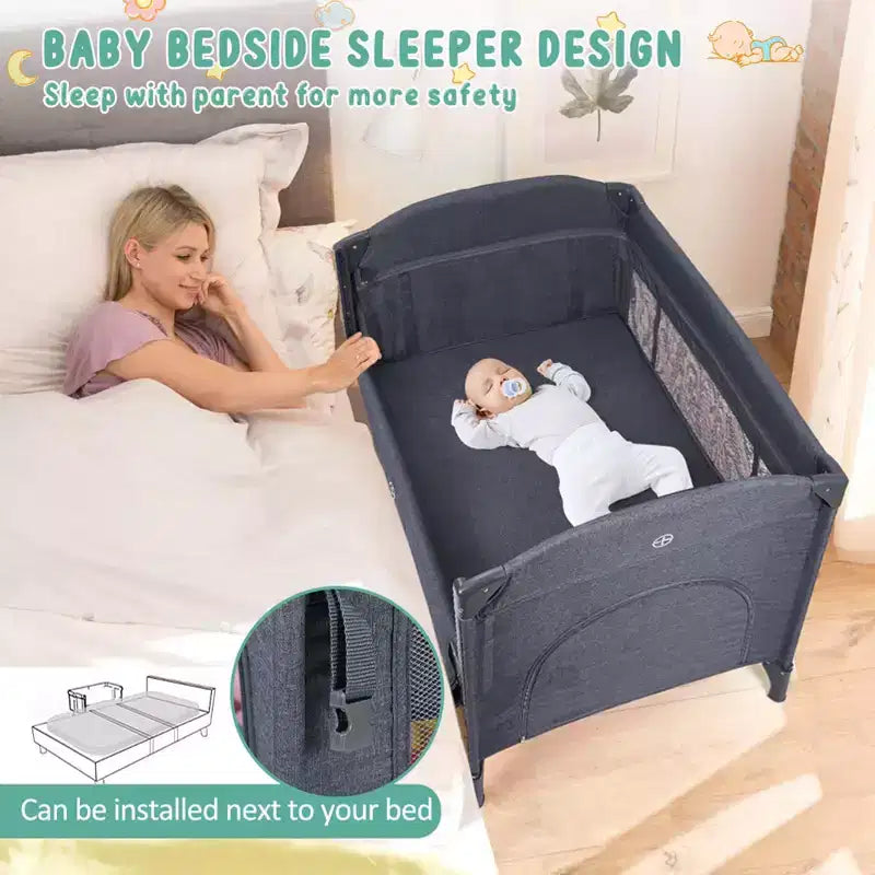 Acekool Berceau cododo 5 en 1 avec matelas à langer et jouet, parc portable pour nouveau-né et tout-petit, gris