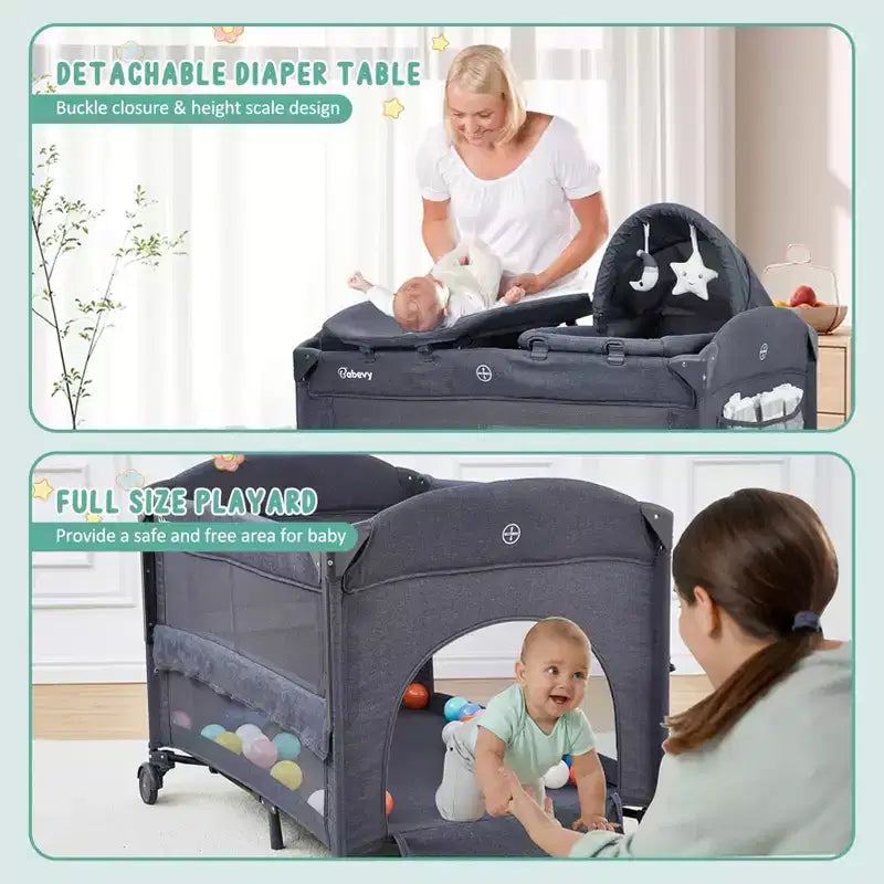 Acekool Berceau cododo 5 en 1 avec matelas à langer et jouet, parc portable pour nouveau-né et tout-petit, gris