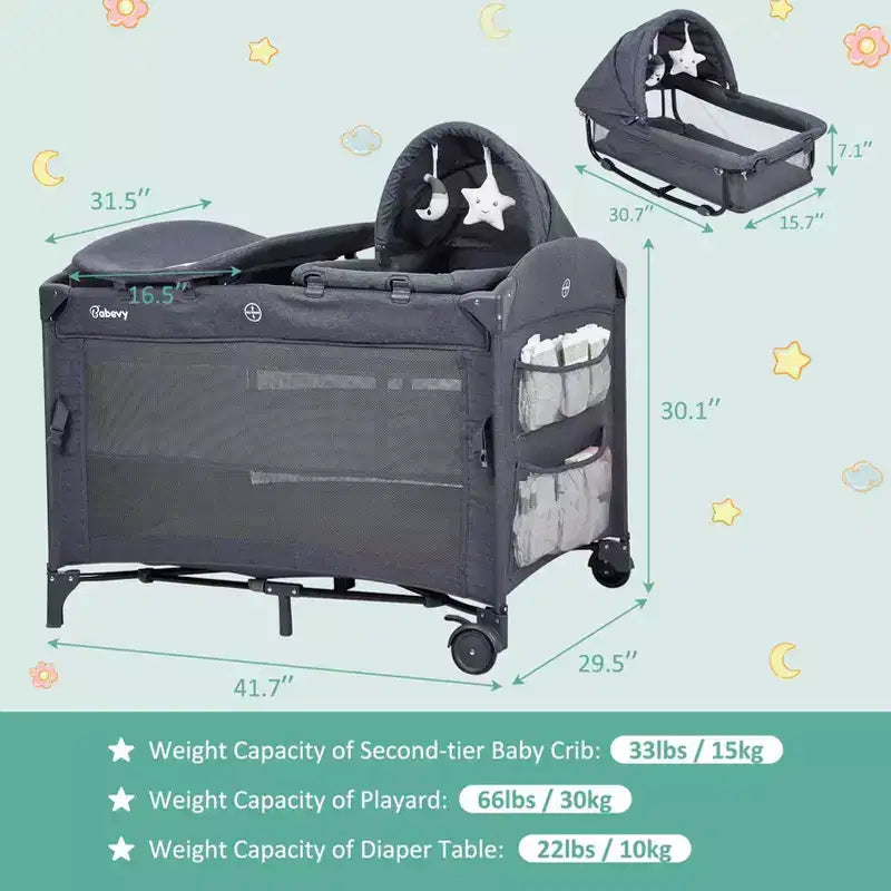 Acekool Berceau cododo 5 en 1 avec matelas à langer et jouet, parc portable pour nouveau-né et tout-petit, gris