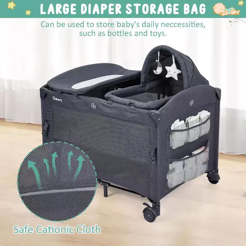 Acekool Berceau cododo 5 en 1 avec matelas à langer et jouet, parc portable pour nouveau-né et tout-petit, gris