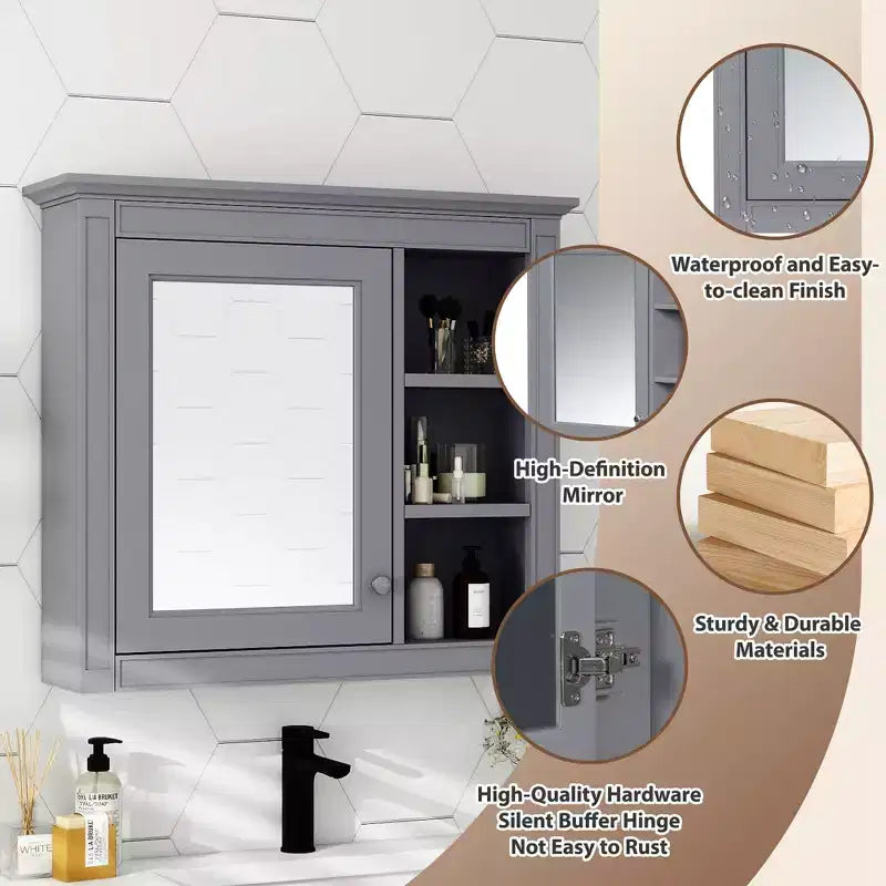 Meuble de salle de bain CASAINC 30 x 28 avec miroir et 3 étagères ouvertes, fixation murale (sans meuble-lavabo)