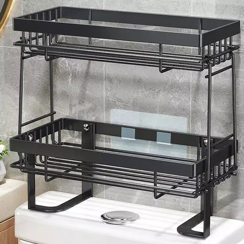 Étagère de rangement au-dessus des toilettes sans perçage, organiseur de salle de bain en acier au carbone, étagère autoportante simple ou double couche noire