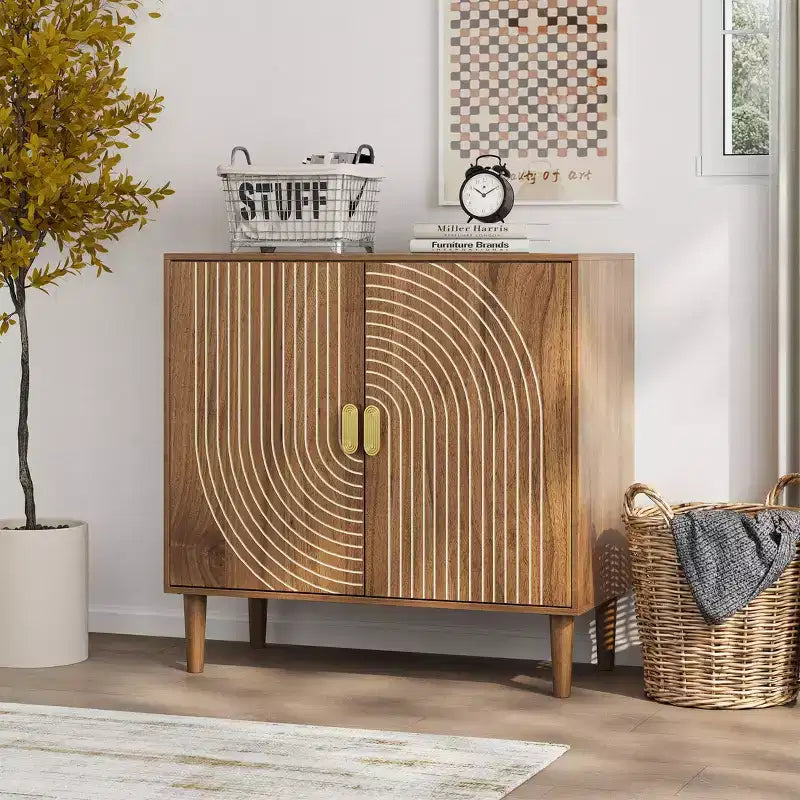 Shoe Cabinet with 2 Flip Drawers, 23.6 Walnut Hidden Shoe Storage Cabinet with Fluted Design, Freestanding Shoe Organizer Cabinet