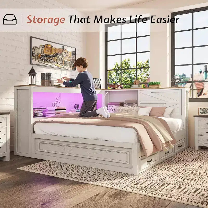 Cadre de lit d'angle AMERLIFE avec tête de lit bibliothèque et tiroirs de rangement, lumières LED et station de charge, lit de jour en bois de style ferme, sommier tapissier non requis