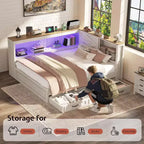 Cadre de lit d'angle AMERLIFE avec tête de lit bibliothèque et tiroirs de rangement, lumières LED et station de charge, lit de jour en bois de style ferme, sommier tapissier non requis