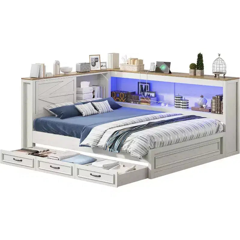 Cadre de lit d'angle AMERLIFE avec tête de lit bibliothèque et tiroirs de rangement, lumières LED et station de charge, lit de jour en bois de style ferme, sommier tapissier non requis