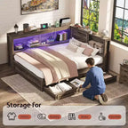 Cadre de lit d'angle AMERLIFE avec tête de lit bibliothèque et tiroirs de rangement, lumières LED et station de charge, lit de jour en bois de style ferme, sommier tapissier non requis