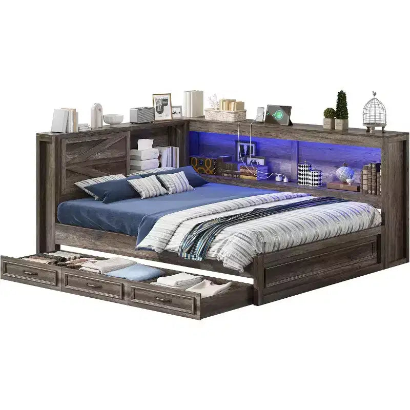 Cadre de lit d'angle AMERLIFE avec tête de lit bibliothèque et tiroirs de rangement, lumières LED et station de charge, lit de jour en bois de style ferme, sommier tapissier non requis