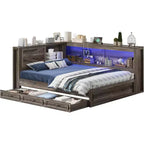 Cadre de lit d'angle AMERLIFE avec tête de lit bibliothèque et tiroirs de rangement, lumières LED et station de charge, lit de jour en bois de style ferme, sommier tapissier non requis