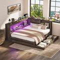 AMERLIFE Corner Bed Frame with Bookcase Headboard and Storage Drawers, LED Lights & Charging Station, Farmhouse Wood Daybed, No Box Spring Needed