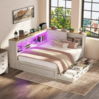 Cadre de lit d'angle AMERLIFE avec tête de lit bibliothèque et tiroirs de rangement, lumières LED et station de charge, lit de jour en bois de style ferme, sommier tapissier non requis